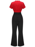 2PCS 1940s Red Tie-Up Blouse & Black Pants