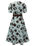 1940s Blue Floral Dress With Bow Belt