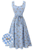 Blue 1940s Rose Plaid Lace Up Dress
