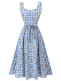Blue 1940s Rose Plaid Lace Up Dress
