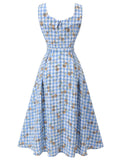 Blue 1940s Rose Plaid Lace Up Dress