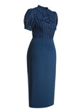2PCS Navy Blue 1960s Stand Collar Shirt & Solid Wrap Skirts