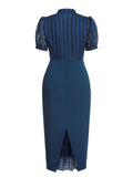 2PCS Navy Blue 1960s Stand Collar Shirt & Solid Wrap Skirts
