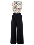 Black & White 1930s Lapel Floral Butterfly Jumpsuit