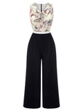 Black & White 1930s Lapel Floral Butterfly Jumpsuit