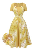 Yellow 1950s Plaid Rose Panel Raglan Dress