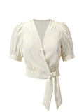 Beige 1950s Satin Puff Sleeve V-Neck Blouse
