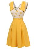 Yellow 1940s V-Neck Sunflower Patchwork Jumpsuit