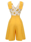 Yellow 1940s V-Neck Sunflower Patchwork Jumpsuit