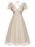 1950s Beige Polka Dot V-neck Dress