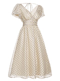 1950s Beige Polka Dot V-neck Dress