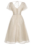 1950s Beige Polka Dot V-neck Dress