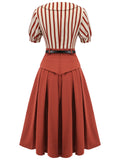 2PCS Orange Red 1950s Striped Blouse & Pleated Skirt