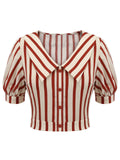2PCS Orange Red 1950s Striped Blouse & Pleated Skirt