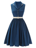 2PCS Sleeveless Lapel Dress & Plaids Belted Swing Dress