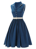 2PCS Sleeveless Lapel Dress & Plaids Belted Swing Dress