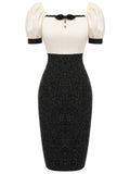 Black & Beige 1960s Puff Sleeve Pencil Dress
