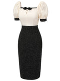 Black & Beige 1960s Puff Sleeve Pencil Dress