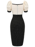Black & Beige 1960s Puff Sleeve Pencil Dress