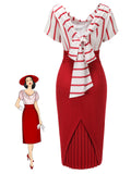 Red 1950s Stripes Patchwork Pencil Dress