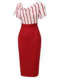 Red 1950s Stripes Patchwork Pencil Dress