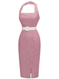 Pink 1960s Halter Stripes Belted Bodycon Dress