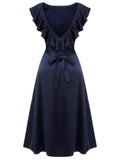 Dark Blue 1930s Flounce Sleeve Cowl Neck Trumpet Dress