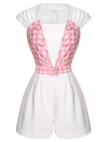 White & Pink 1950s Plaid Romper With Belt