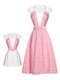 2PCS 1950s Pink Plaid Skrit & Romper With Belt