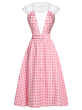 2PCS 1950s Pink Plaid Skrit & Romper With Belt