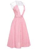 2PCS 1950s Pink Plaid Skrit & Romper With Belt