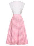 2PCS 1950s Pink Plaid Skrit & Romper With Belt