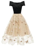 [Pre-Sale] Black & Beige 1950s Floral Mesh Off-Shoulder Dress