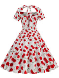 1950s Cherry Sweetheart Short Sleeve Lace Up Dress