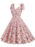 1950s Floral Lace-Up Shoulder V-Neck Swing Dress