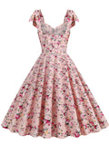 1950s Floral Lace-Up Shoulder V-Neck Swing Dress
