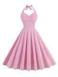 Pink 1950s Stripe Halter Swing Dress