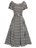 [Pre-Sale] Black 1950s Houndstooth Short Sleeve Belted Dress
