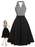 [Pre-Sale] Black 1950s Stripe Lapel Halter Patchwork Dress