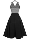 [Pre-Sale] Black 1950s Stripe Lapel Halter Patchwork Dress