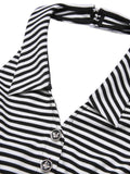 [Pre-Sale] Black 1950s Stripe Lapel Halter Patchwork Dress