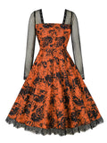1950s Halloween Mesh Patchwork Long Sleeve Dress
