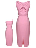 2PCS Pink 1960s Lapel Bowknot Blouse & Solid Spaghetti Strap Dress