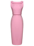 2PCS Pink 1960s Lapel Bowknot Blouse & Solid Spaghetti Strap Dress