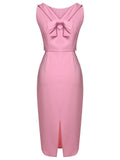 2PCS Pink 1960s Lapel Bowknot Blouse & Solid Spaghetti Strap Dress
