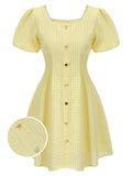 Yellow 1950s Square Neck Buttons Mini Dress