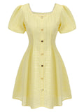 Yellow 1950s Square Neck Buttons Mini Dress