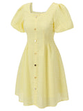 Yellow 1950s Square Neck Buttons Mini Dress