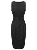 [Pre-Sale] Black 1960s Sleeveless Butterflies Belted Solid Dress