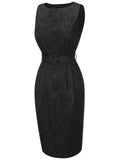 [Pre-Sale] Black 1960s Sleeveless Butterflies Belted Solid Dress
